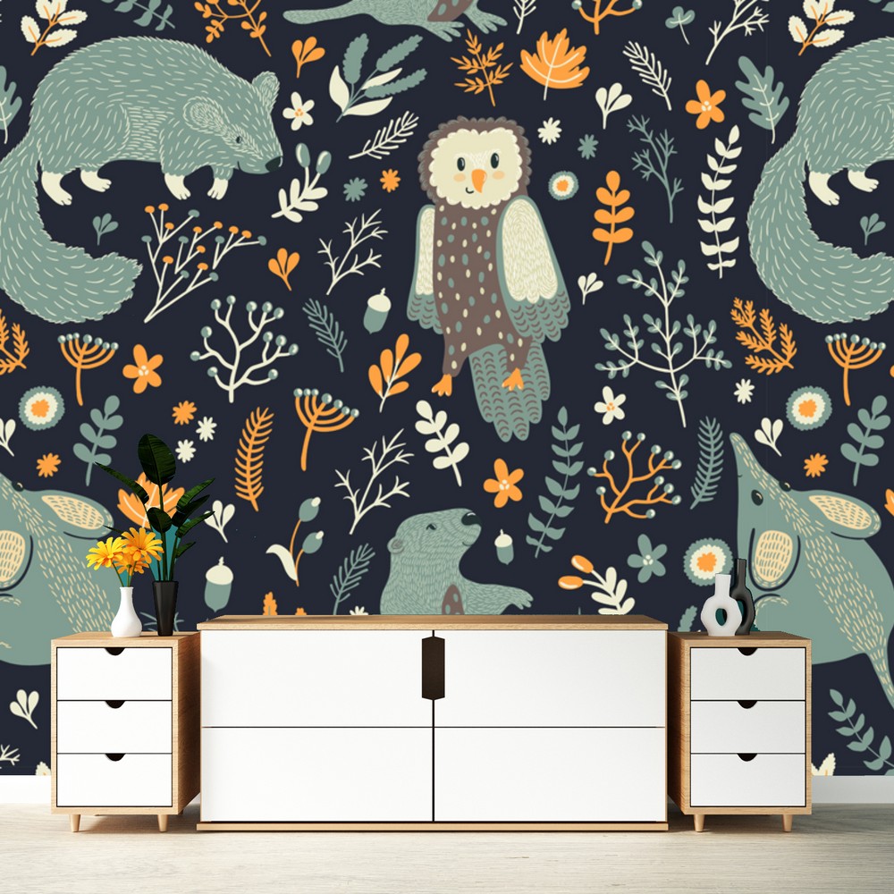 Buy Online - Animated Forest With Owls Kids Wall Covering, Tapete in US